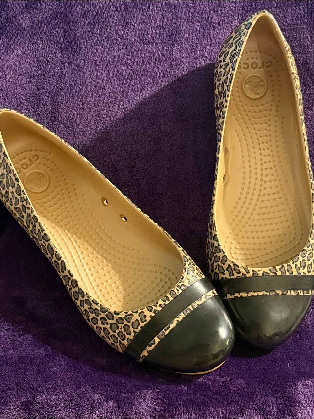 CROCS Leopard Print Flats with Black Cap Toe